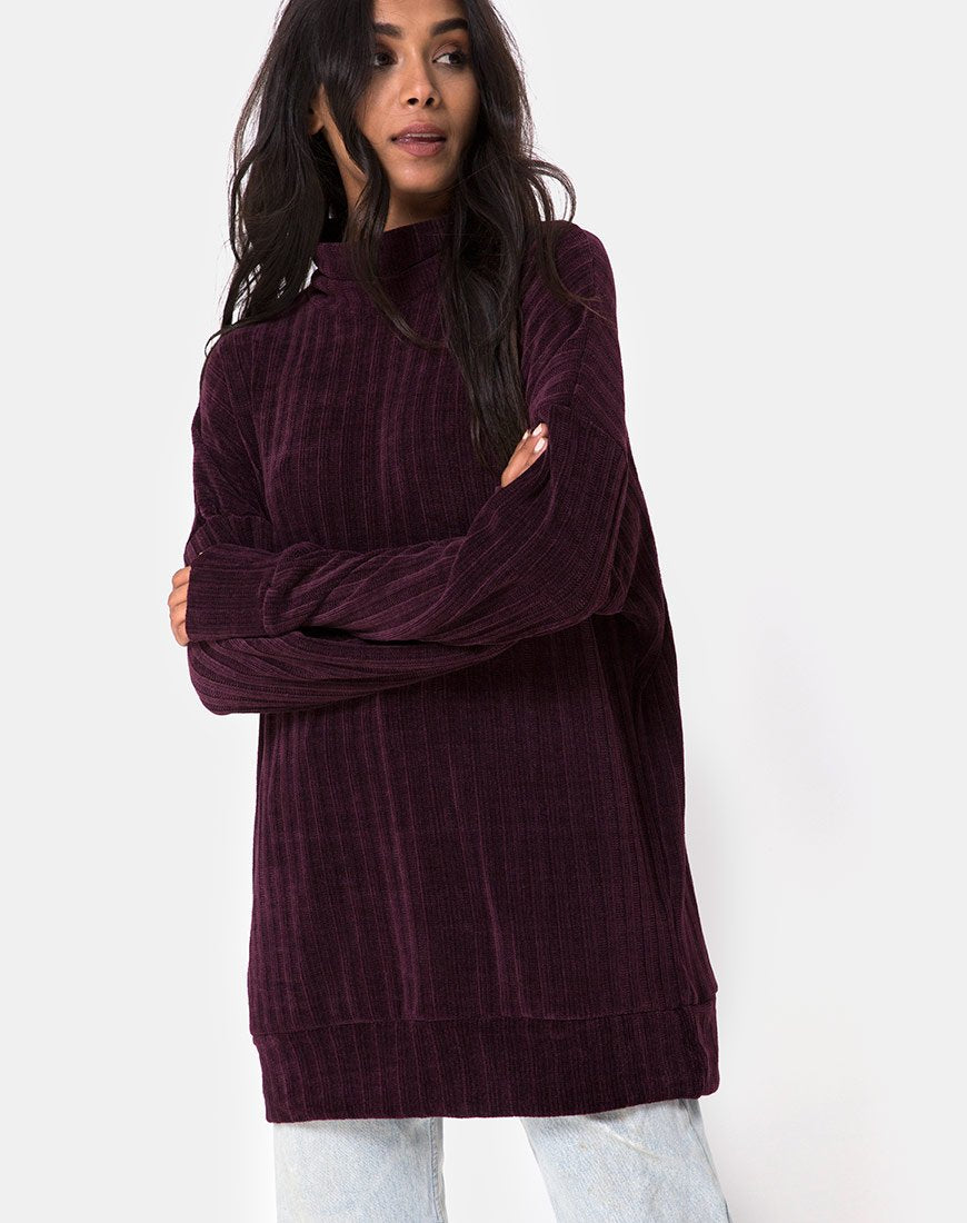 Neve - Vestito con maglione oversize in ciniglia color prugna