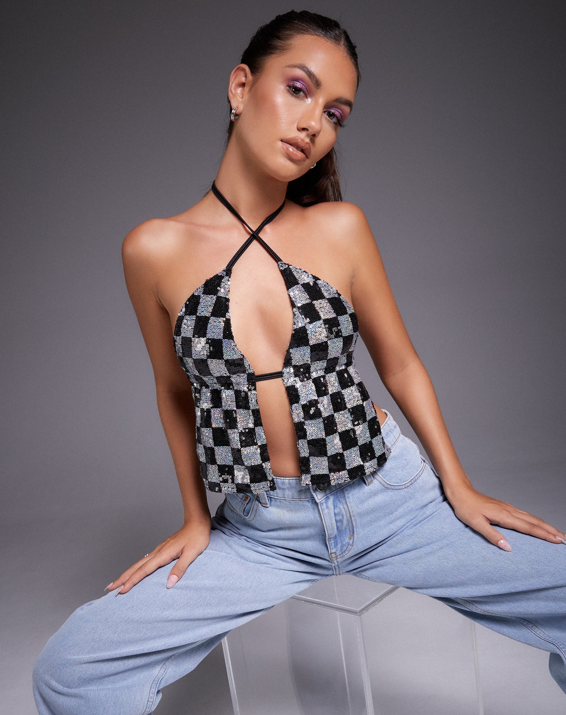 Immagine di Runita Top in paillettes a scacchiera nero e argento