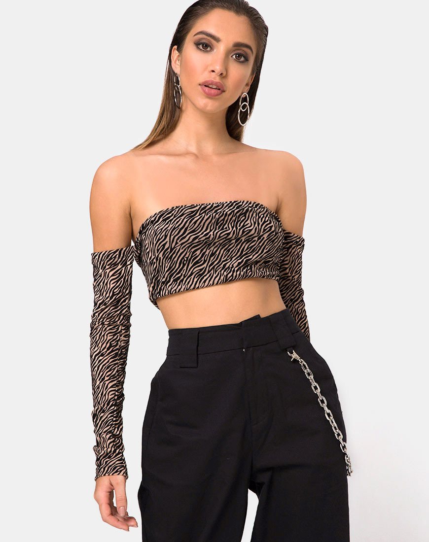 Top off shoulder Nareen in rete tigrata Tan