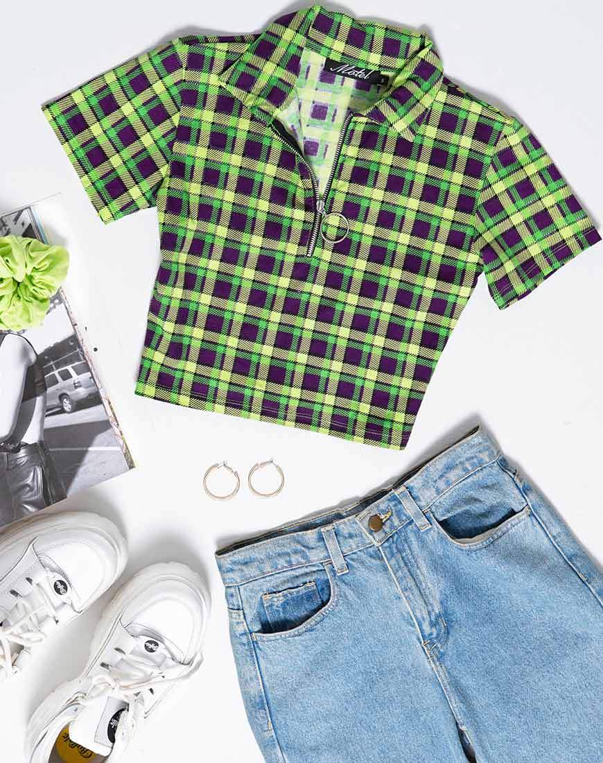 Dhen Crop Top a quadri verdi e viola