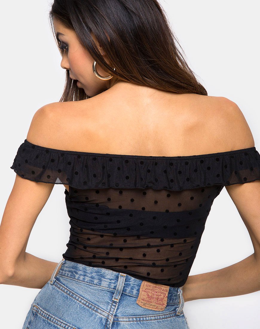 Natalia, corpetto off the shoulder in rete a pois nero
