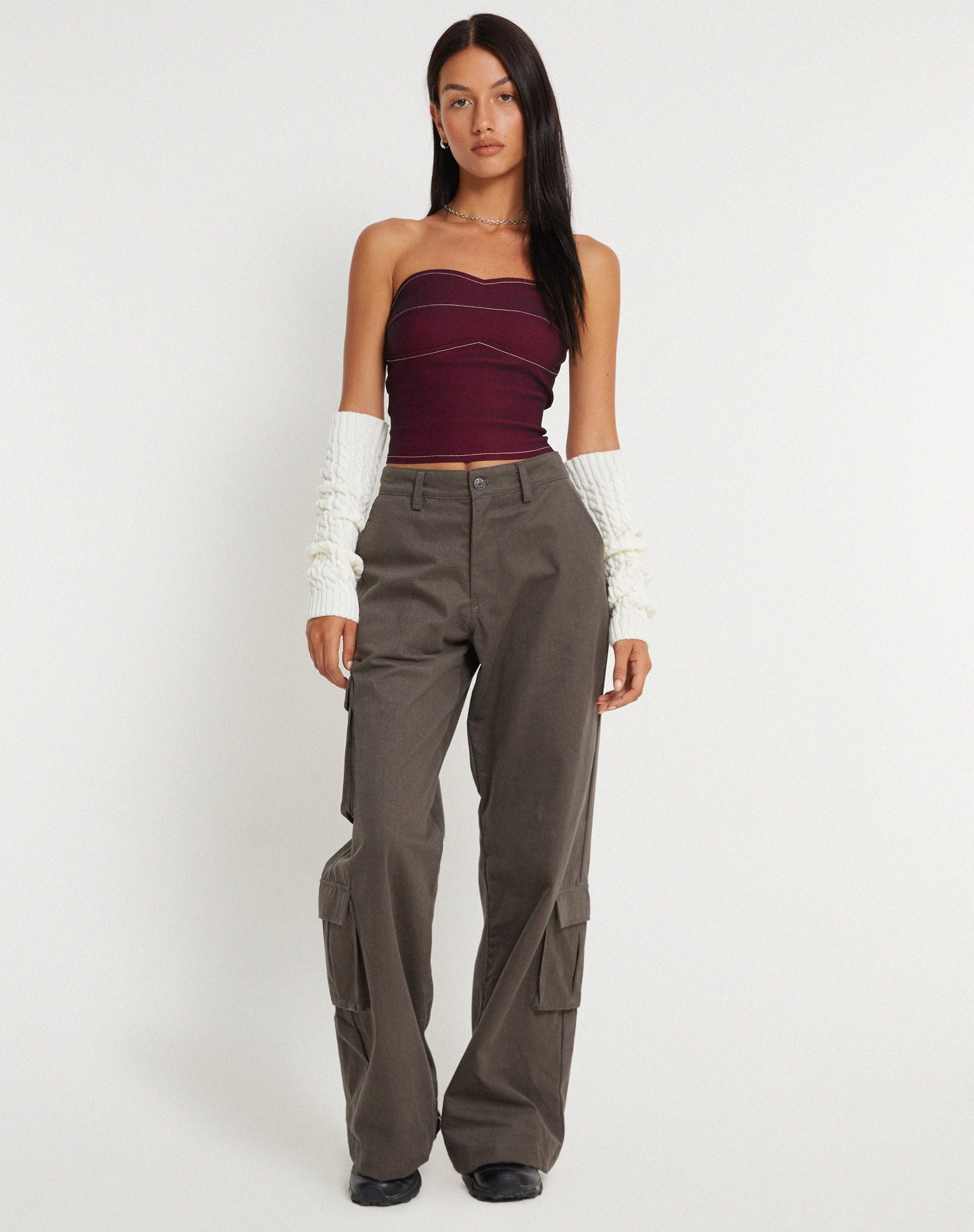 immagine di Nelly Cropped Corset Top in borgogna con dettaglio punti ecrù