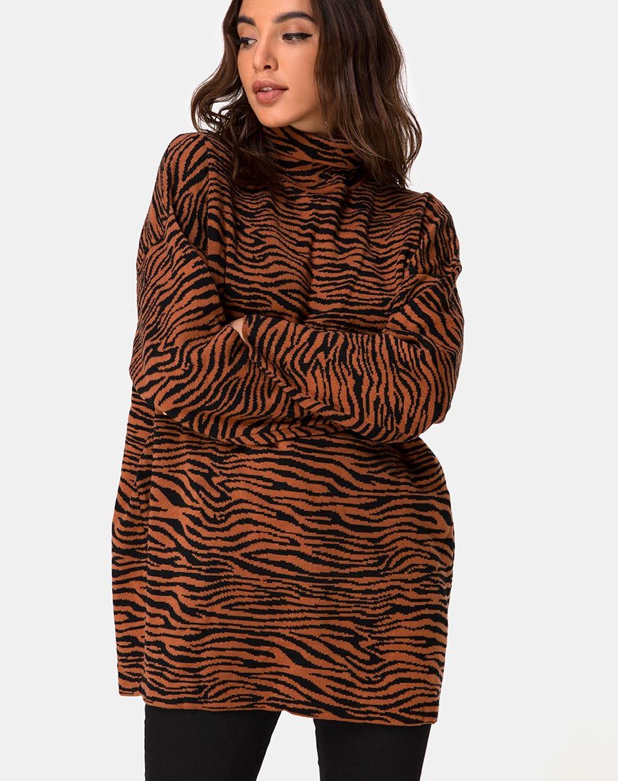 Neivie, maglione a collo alto in maglia tigrata marrone