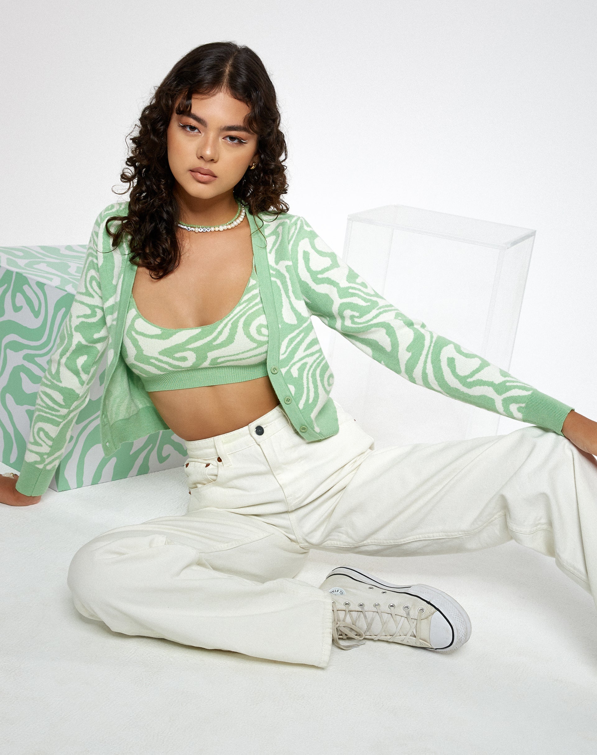 Immagine di Motel X Barbara Kristoffersen Odina Cardi in maglia a scaglie menta e crema