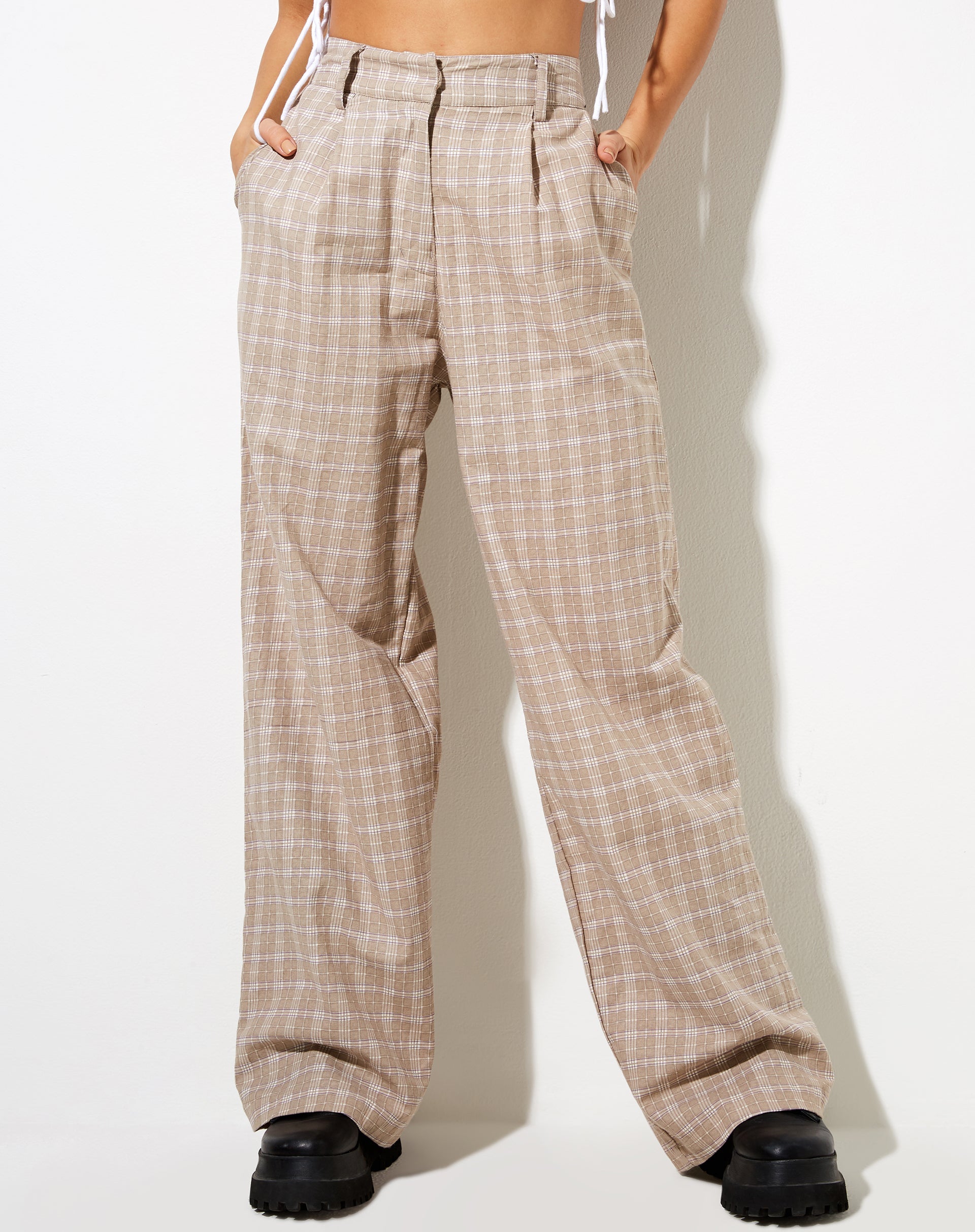 Immagine di Onfal Pantaloni a gamba larga in Taupe Check