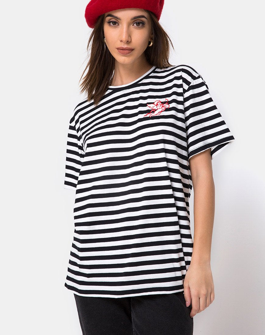 Maglietta basic oversize a righe bianche e nere con ricamo a cherubino