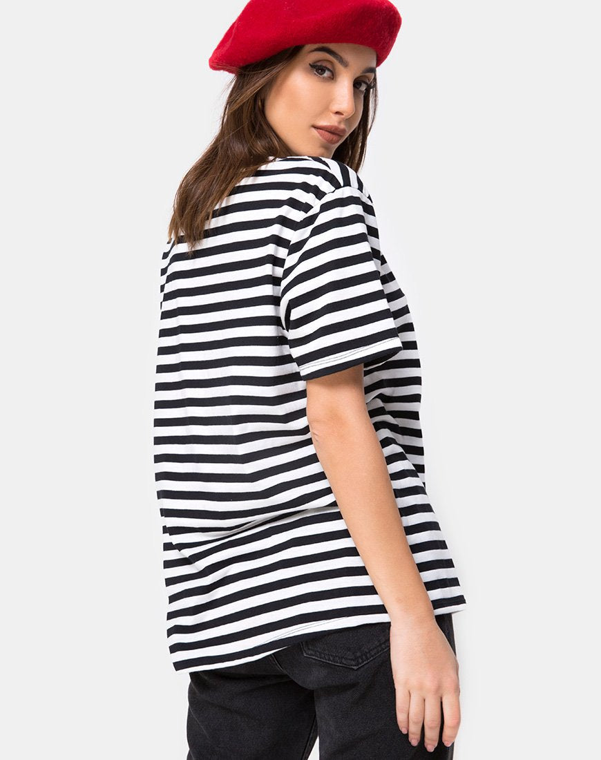 Maglietta basic oversize a righe bianche e nere con ricamo a cherubino