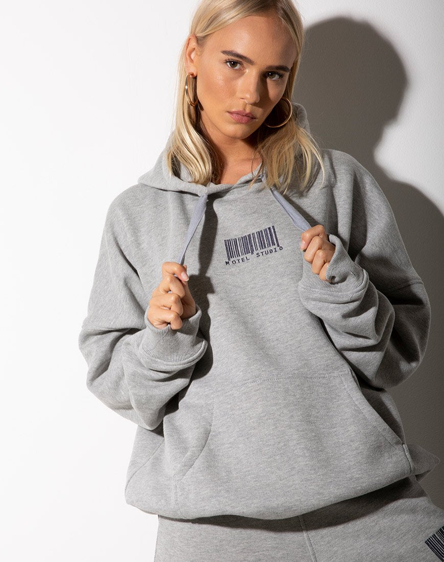 Felpa con cappuccio oversize in grigio con codice a barre del Motel
