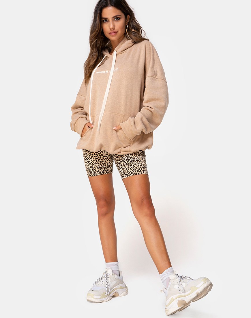 Immagine della felpa con cappuccio oversize in Tan I Want it Embro