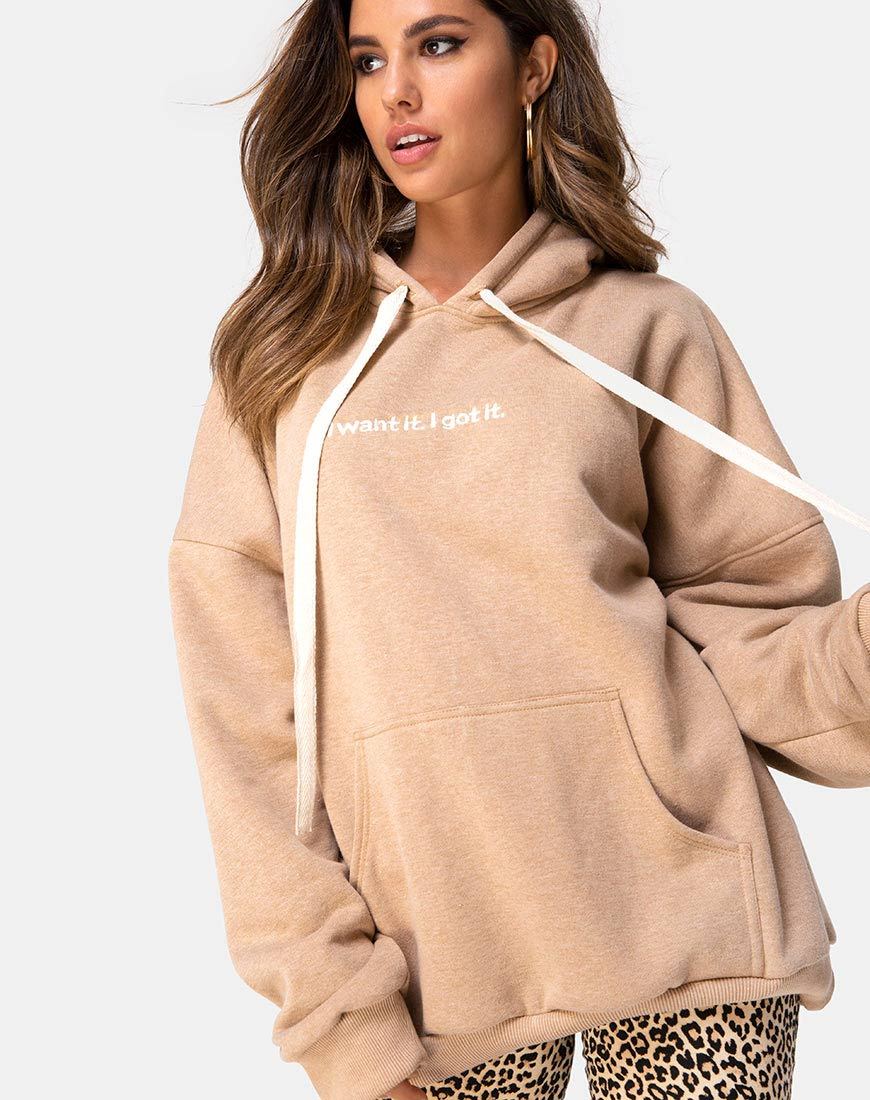 Immagine della felpa con cappuccio oversize in Tan I Want it Embro