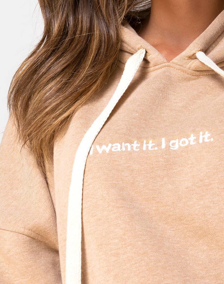 Immagine della felpa con cappuccio oversize in Tan I Want it Embro