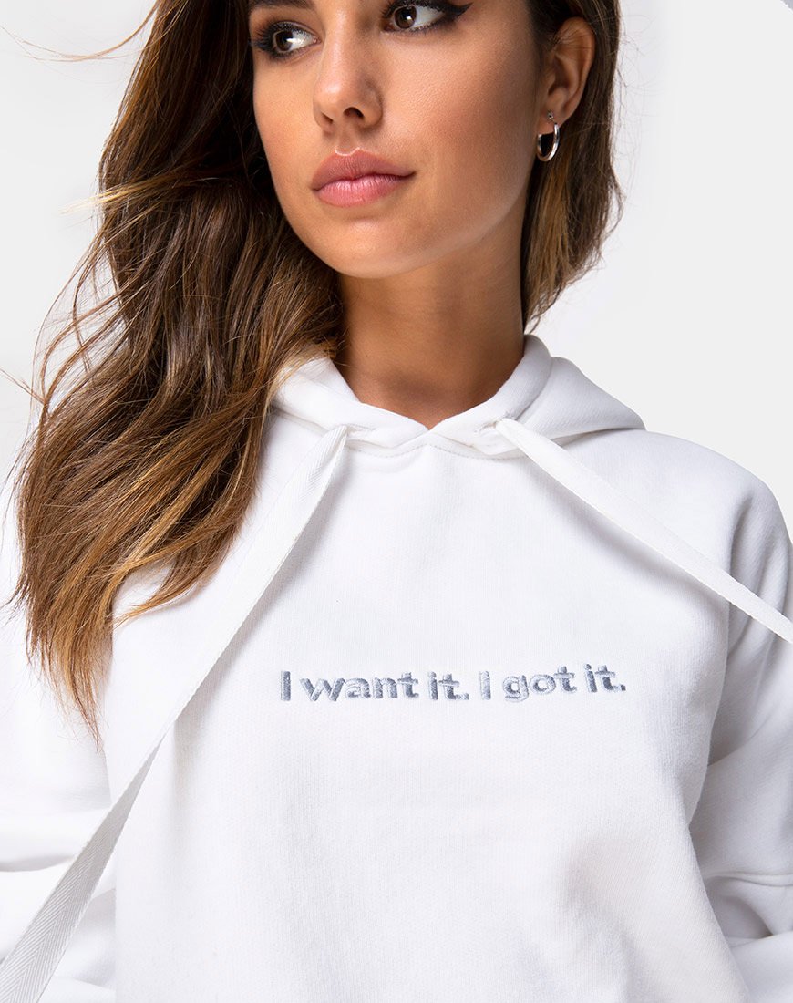 Immagine della felpa con cappuccio oversize in bianco I Want it Embro