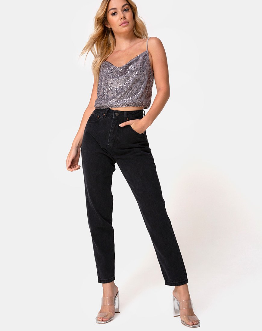 Immagine di Paima Strappy Top in rete Drape Sequin Argento