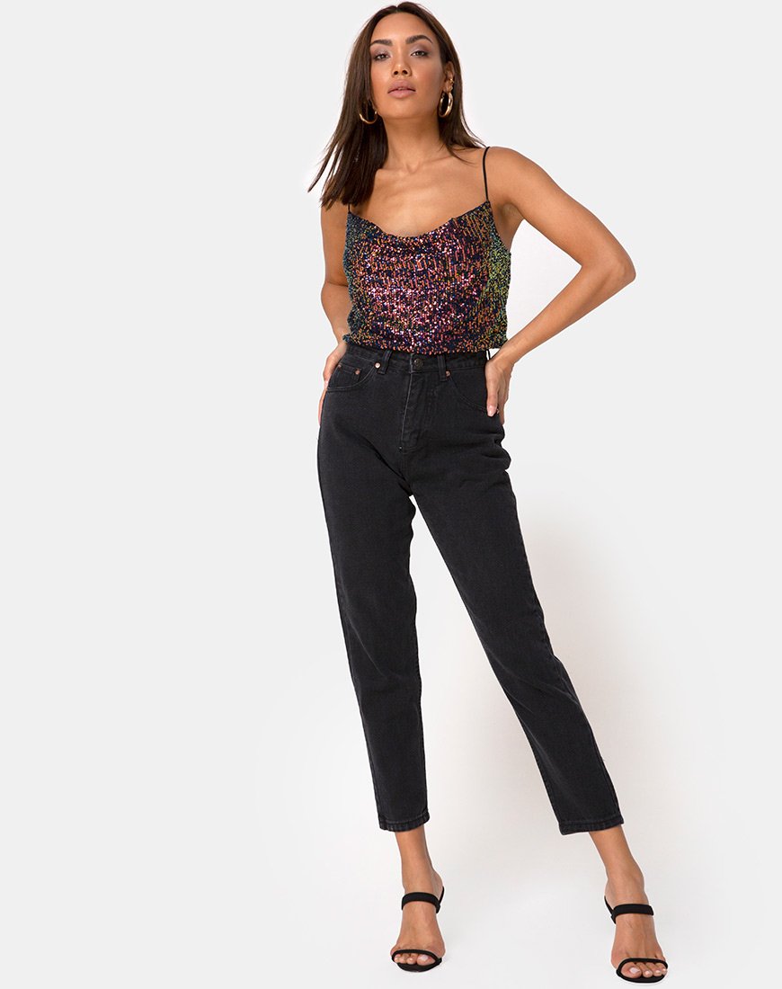 Immagine di Paima Strappy Top in rete Drape Sequin Iridescente Borgogna