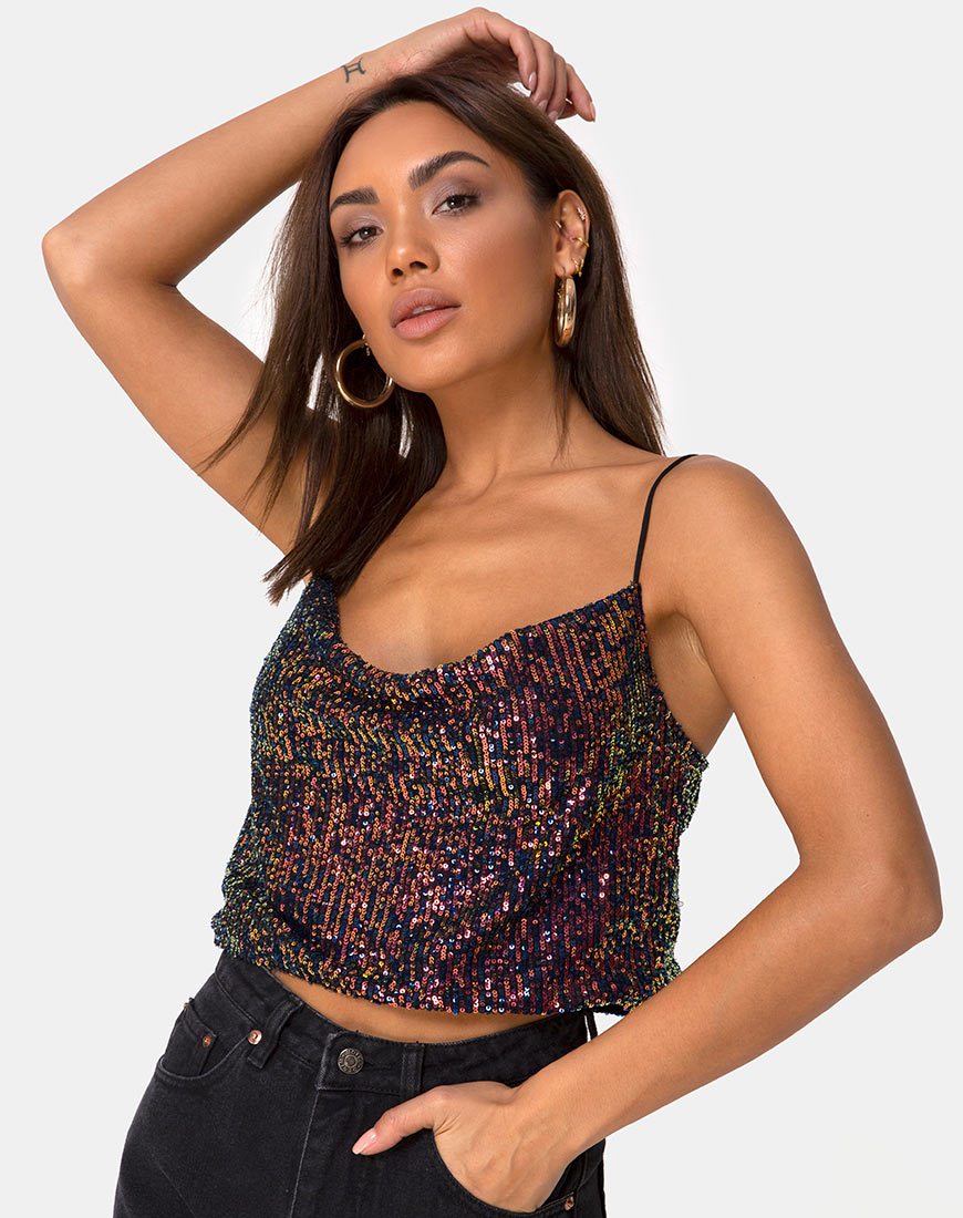 Immagine di Paima Strappy Top in rete Drape Sequin Iridescente Borgogna