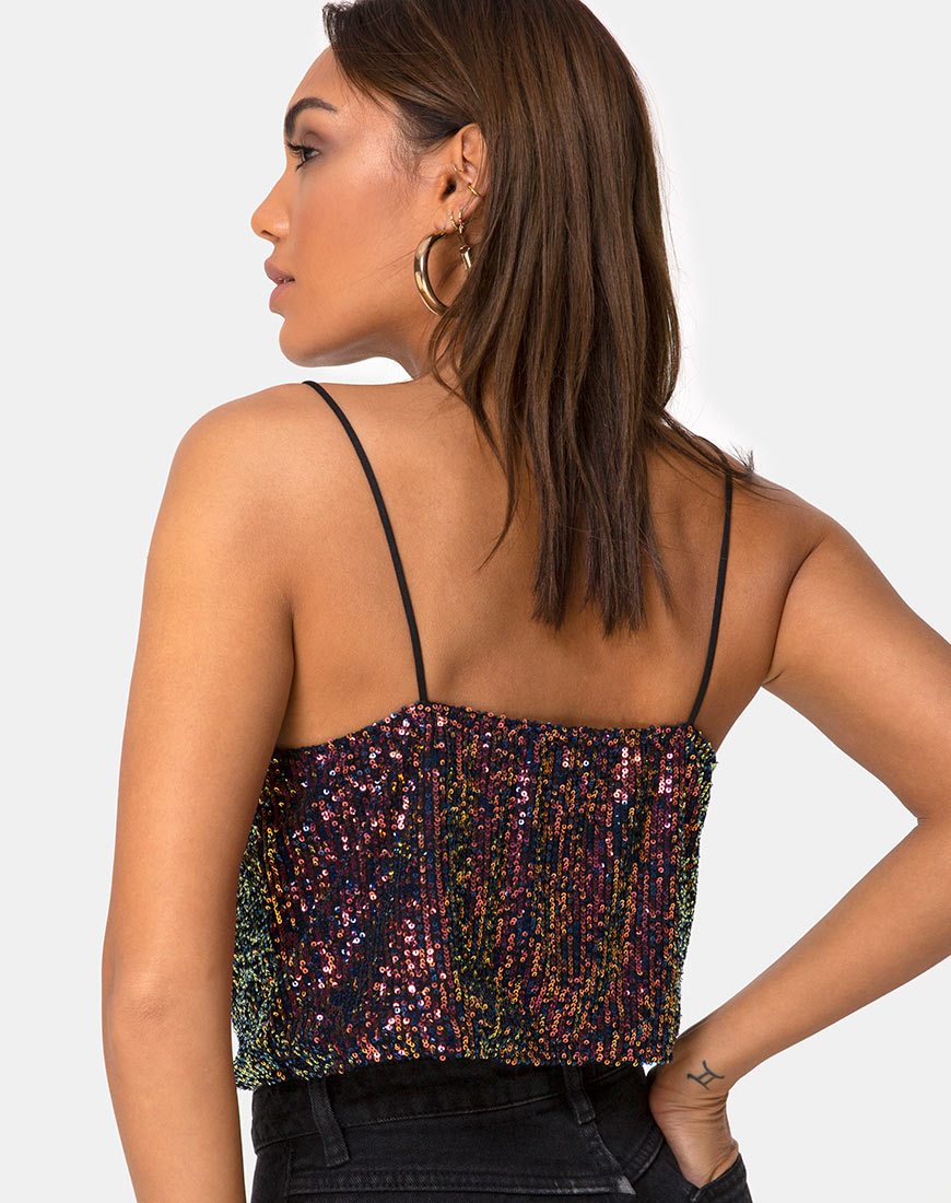 Immagine di Paima Strappy Top in rete Drape Sequin Iridescente Borgogna