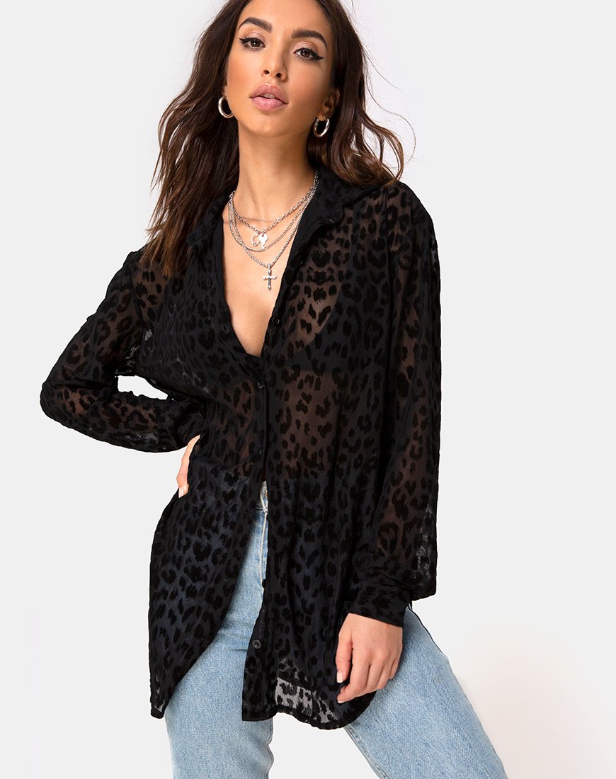 Camicia Phobe in rete leopardata nera