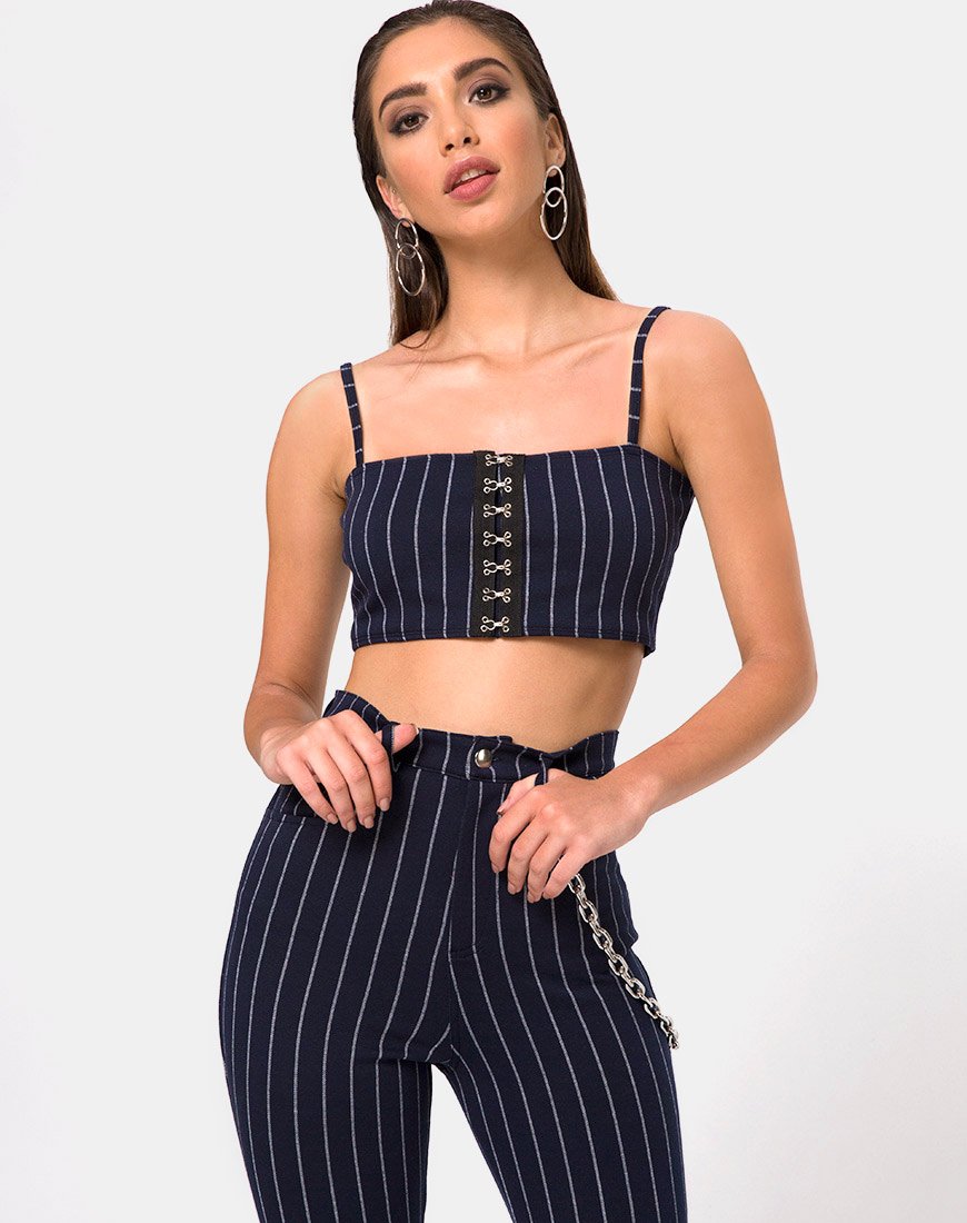 Pantaloni a pin in tessuto gessato blu scuro