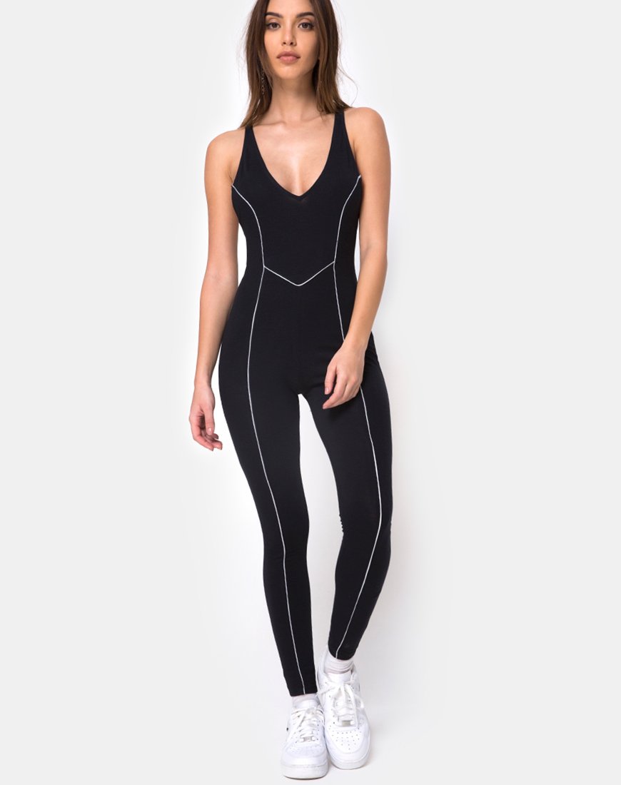Pion Plunge Catsuit in nero con linea di tubature