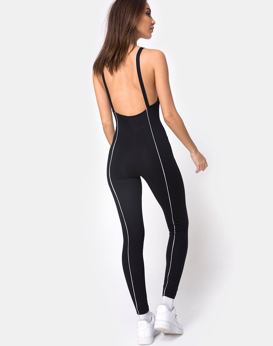 Pion Plunge Catsuit in nero con linea di tubature