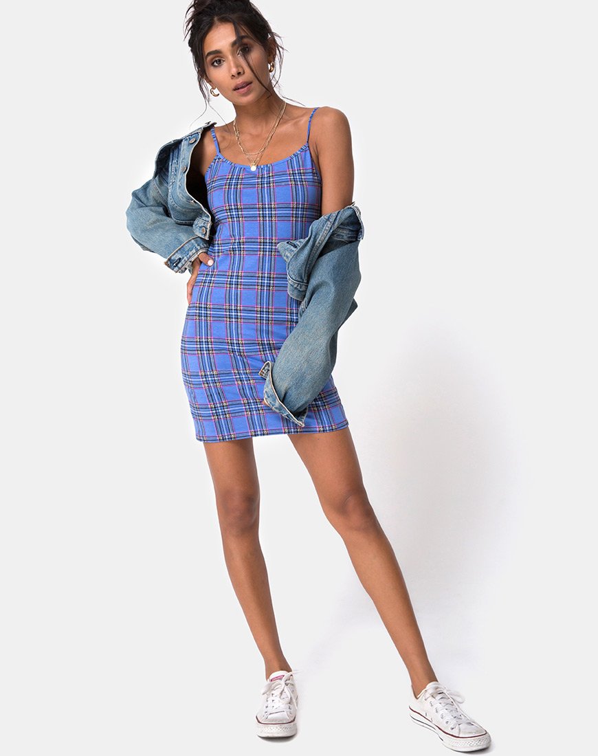 Immagine di Piper Bodycon Dress in 90S Check Blu Rosa