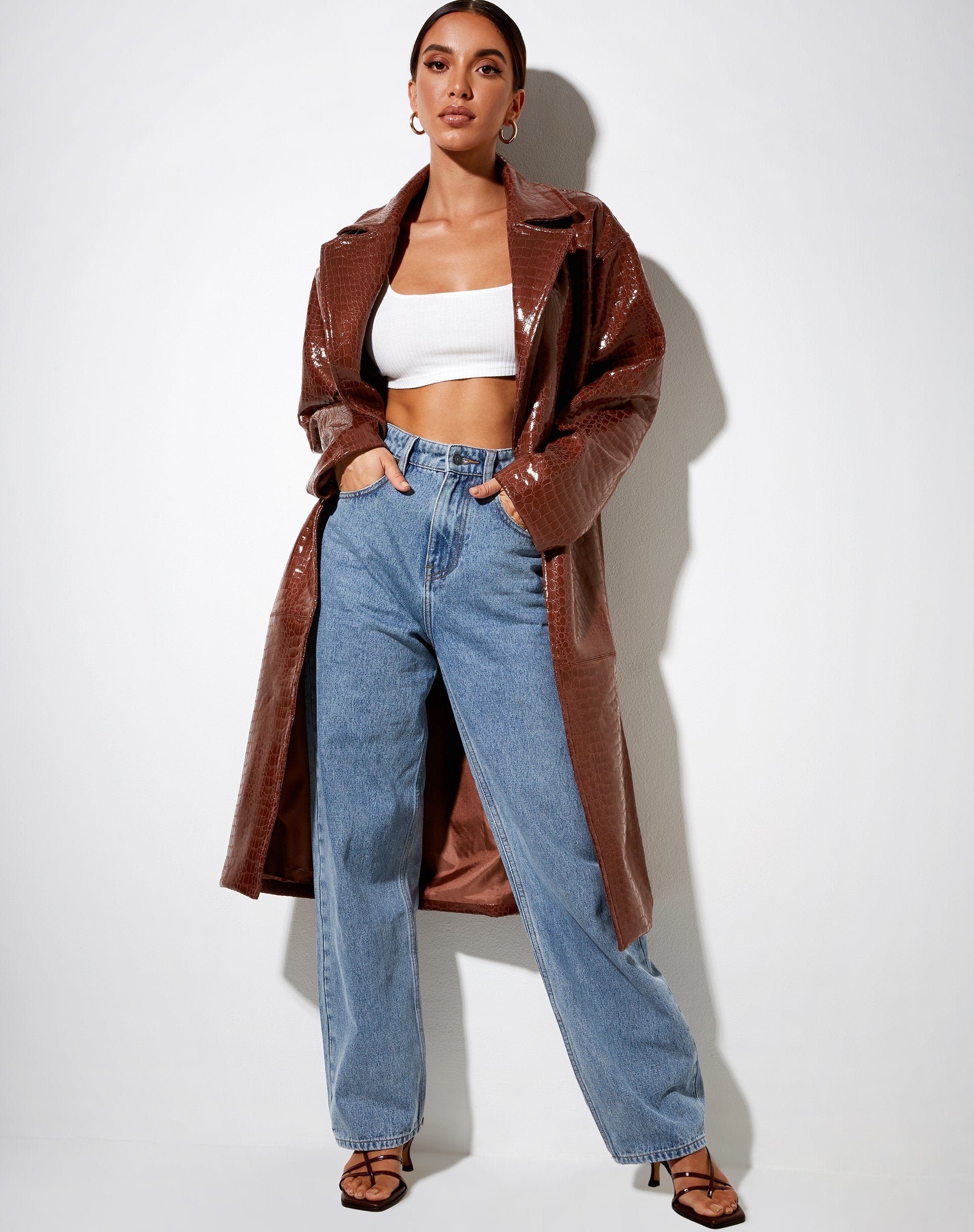 Immagine di Duster Longline Coat in Croc Pu Brown