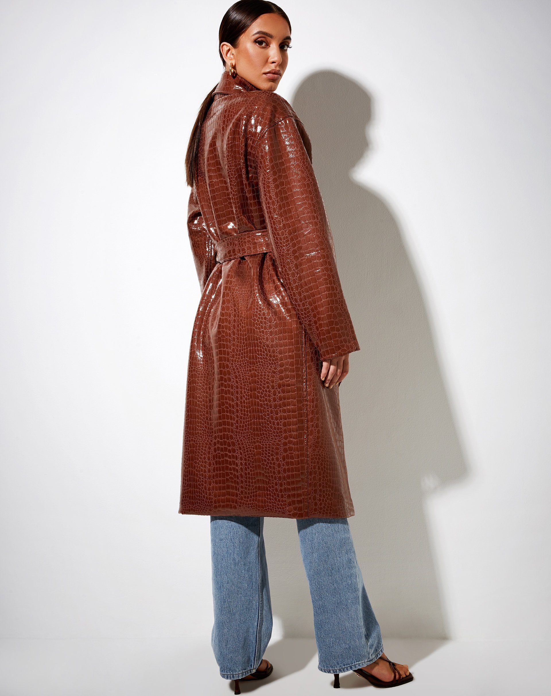 Immagine di Duster Longline Coat in Croc Pu Brown