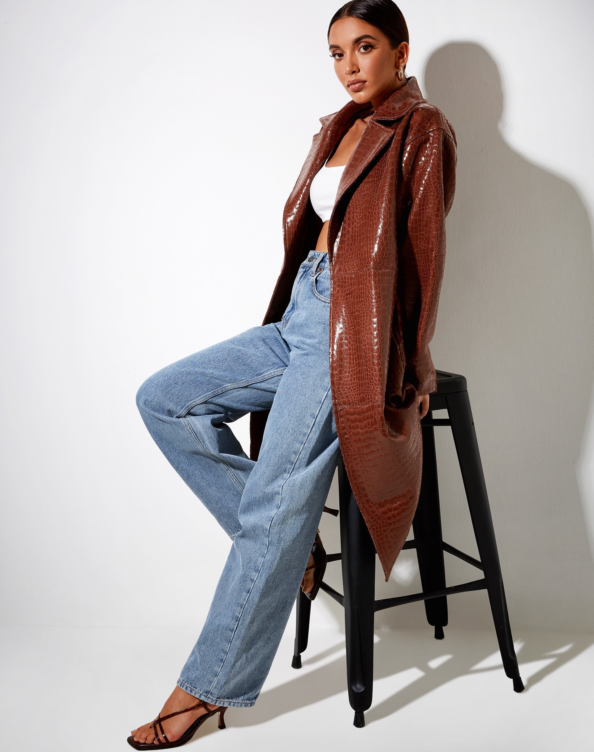 Immagine di Duster Longline Coat in Croc Pu Brown