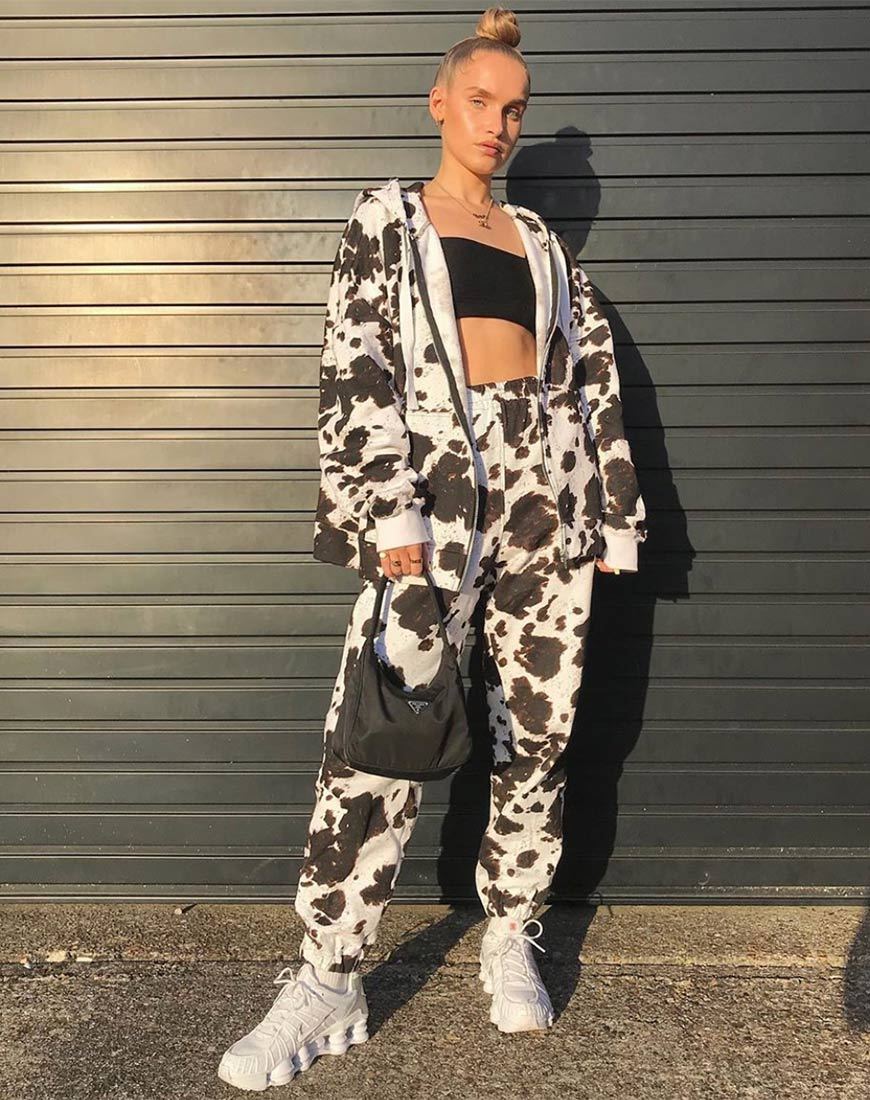Felpa Hollack con cappuccio e zip in pelle bovina marrone/bianca