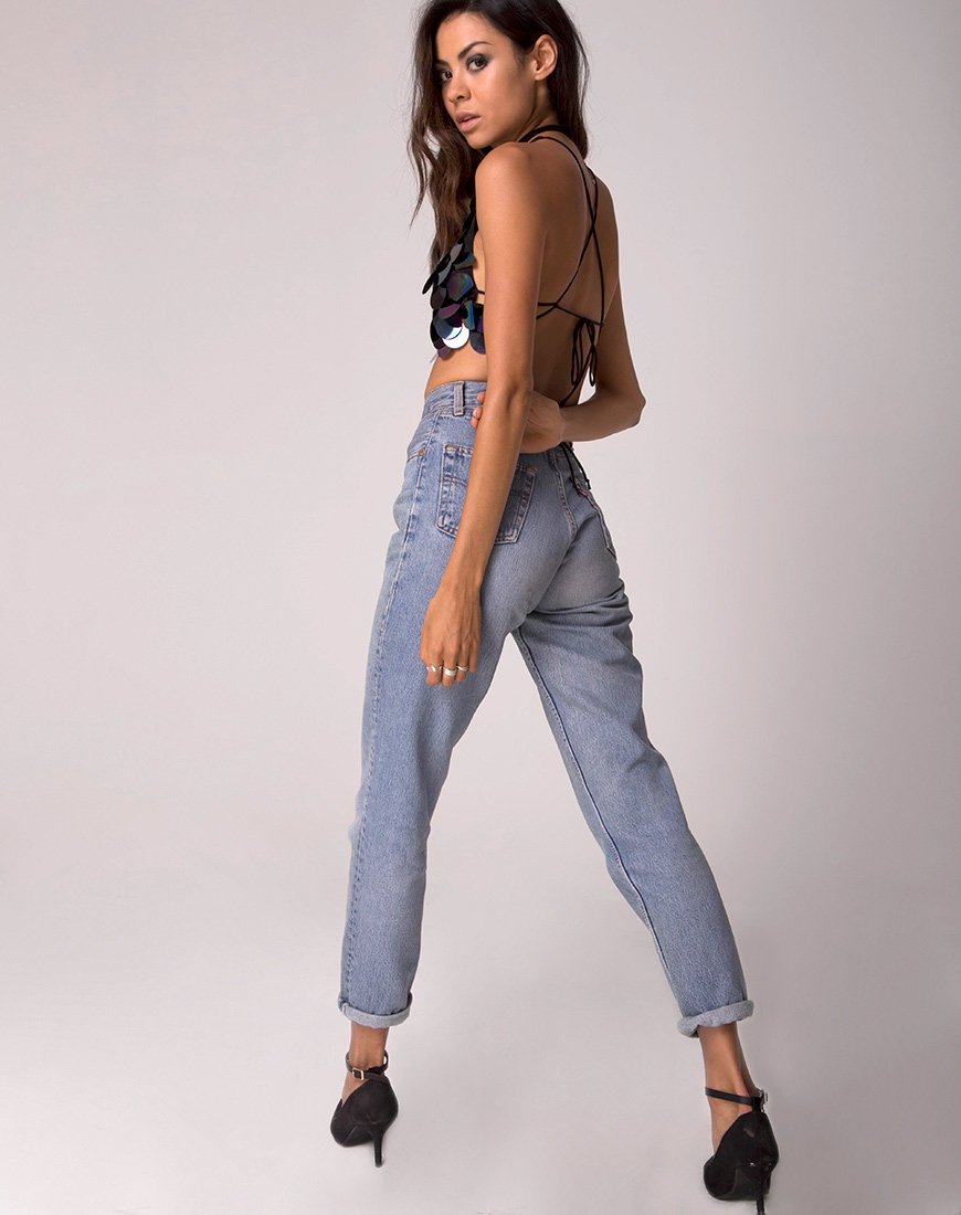 Immagine di Queenz Crop Top in paillettes a disco grande Petrol