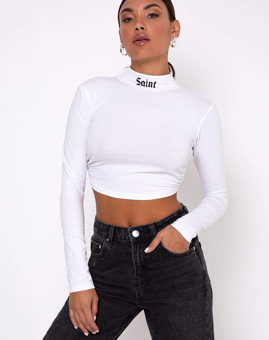Crop Top Quelia con ricamo "Saint" bianco