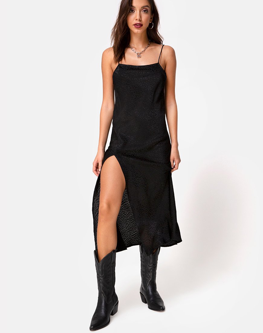 Vestito midi Quinty in raso ghepardato nero