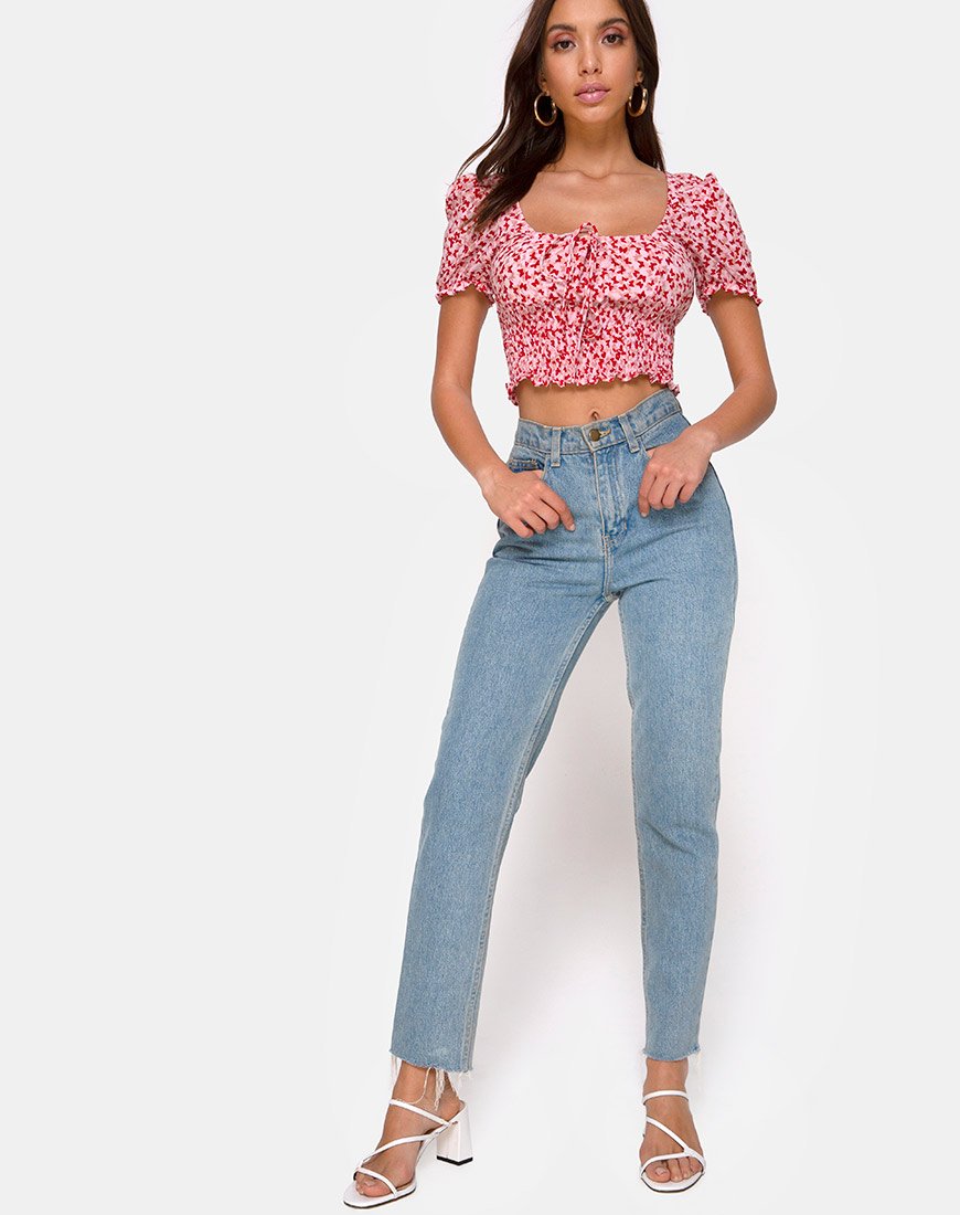 Immagine di Raquel Crop Top in Ditsy Butterfly Pesca e Rosso