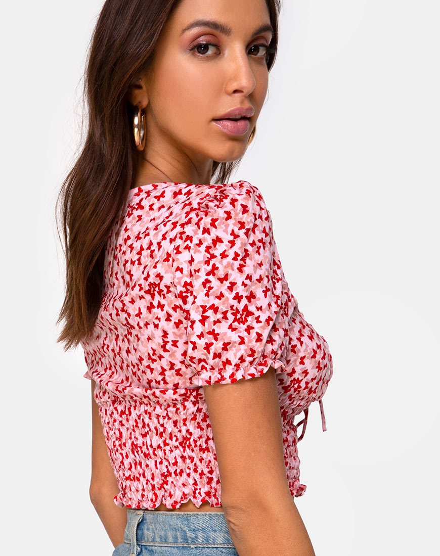 Immagine di Raquel Crop Top in Ditsy Butterfly Pesca e Rosso