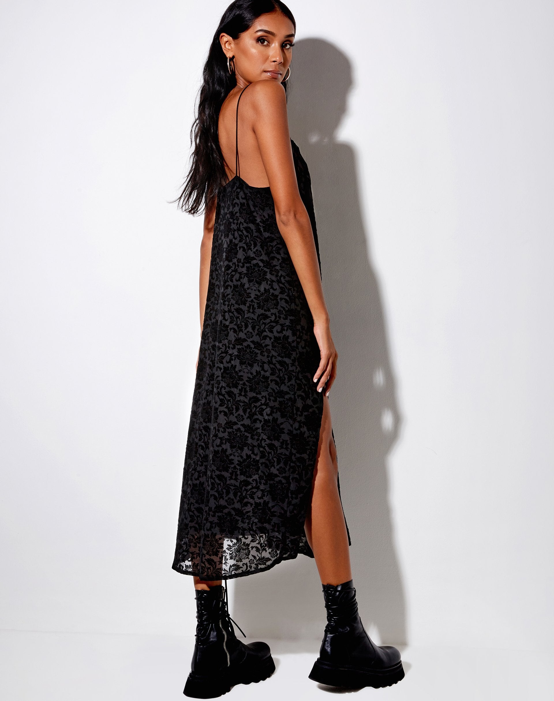 Immagine di Rarita Midi Dress in Broccato Rosa Flock Nero