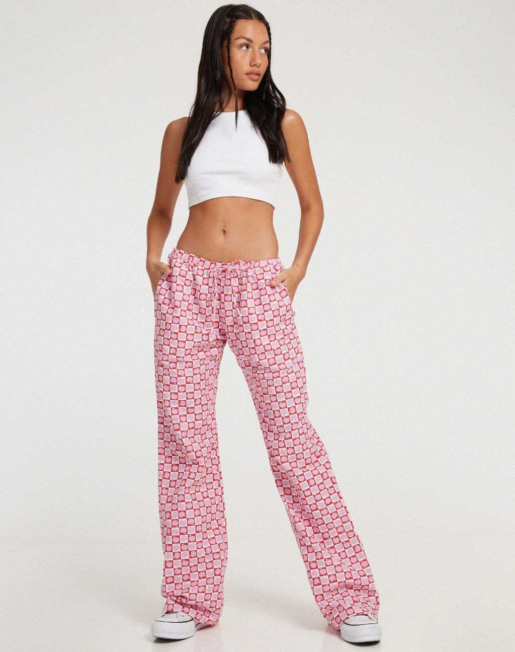 Pantaloni Raya a gamba larga in Apple Check Blush Red
