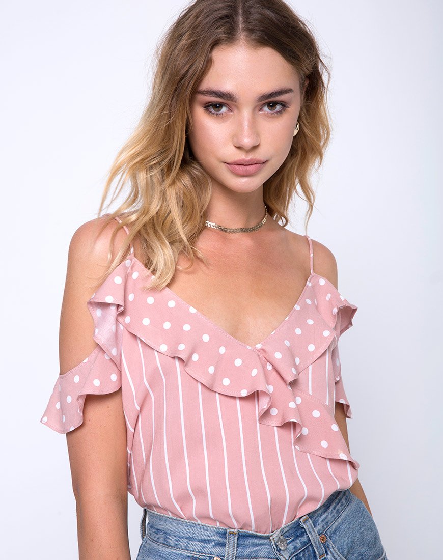 Corpetto a spalla fredda Reilly in rosa e bianco a righe spot