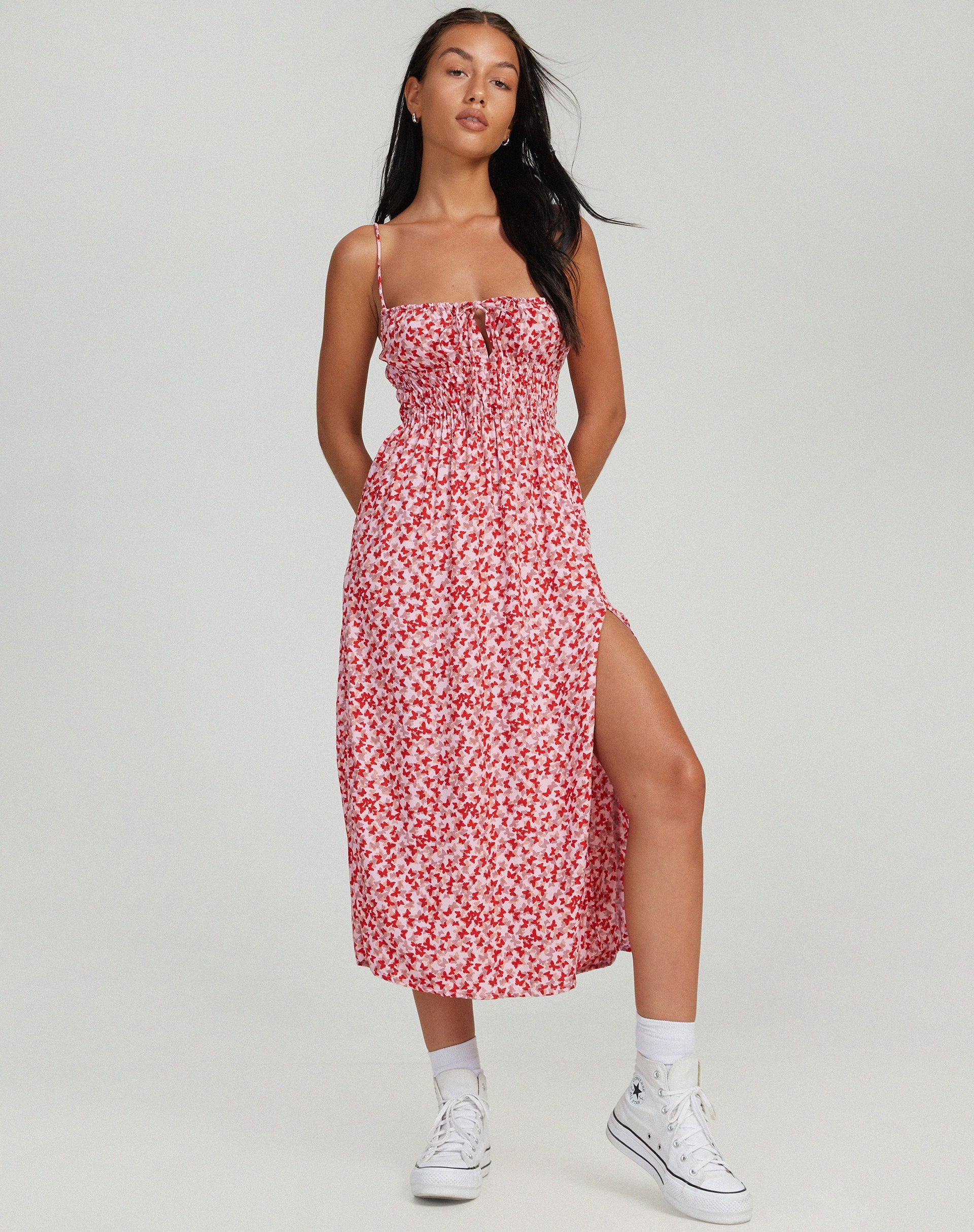 immagine di Jeyro Midi Dress in Ditsy Butterfly Pesca e Rosso