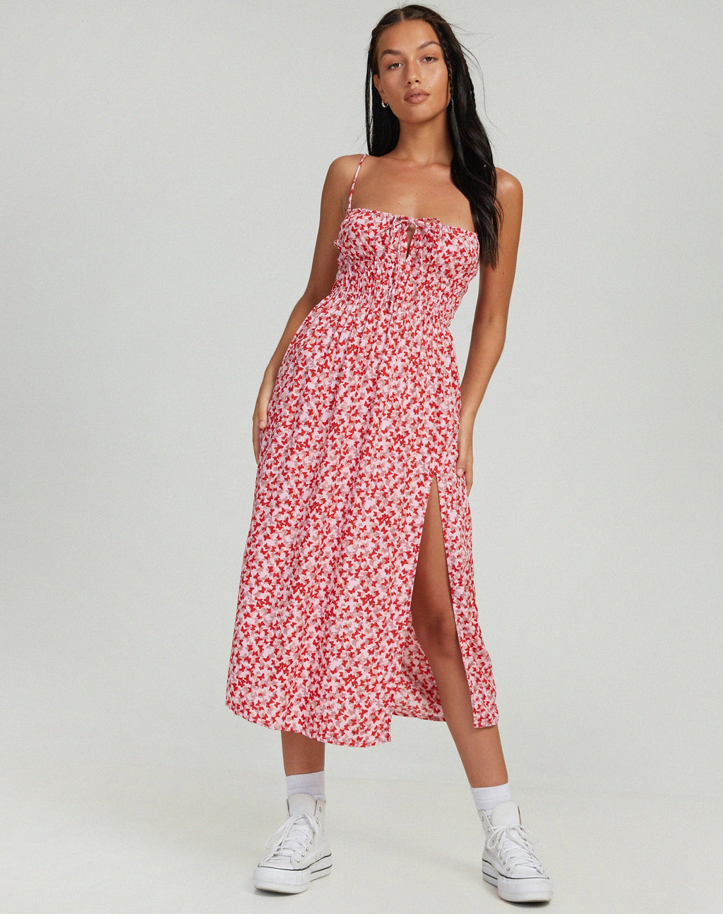 Jeyro - Vestito midi con farfalla ditsy color pesca e rosso