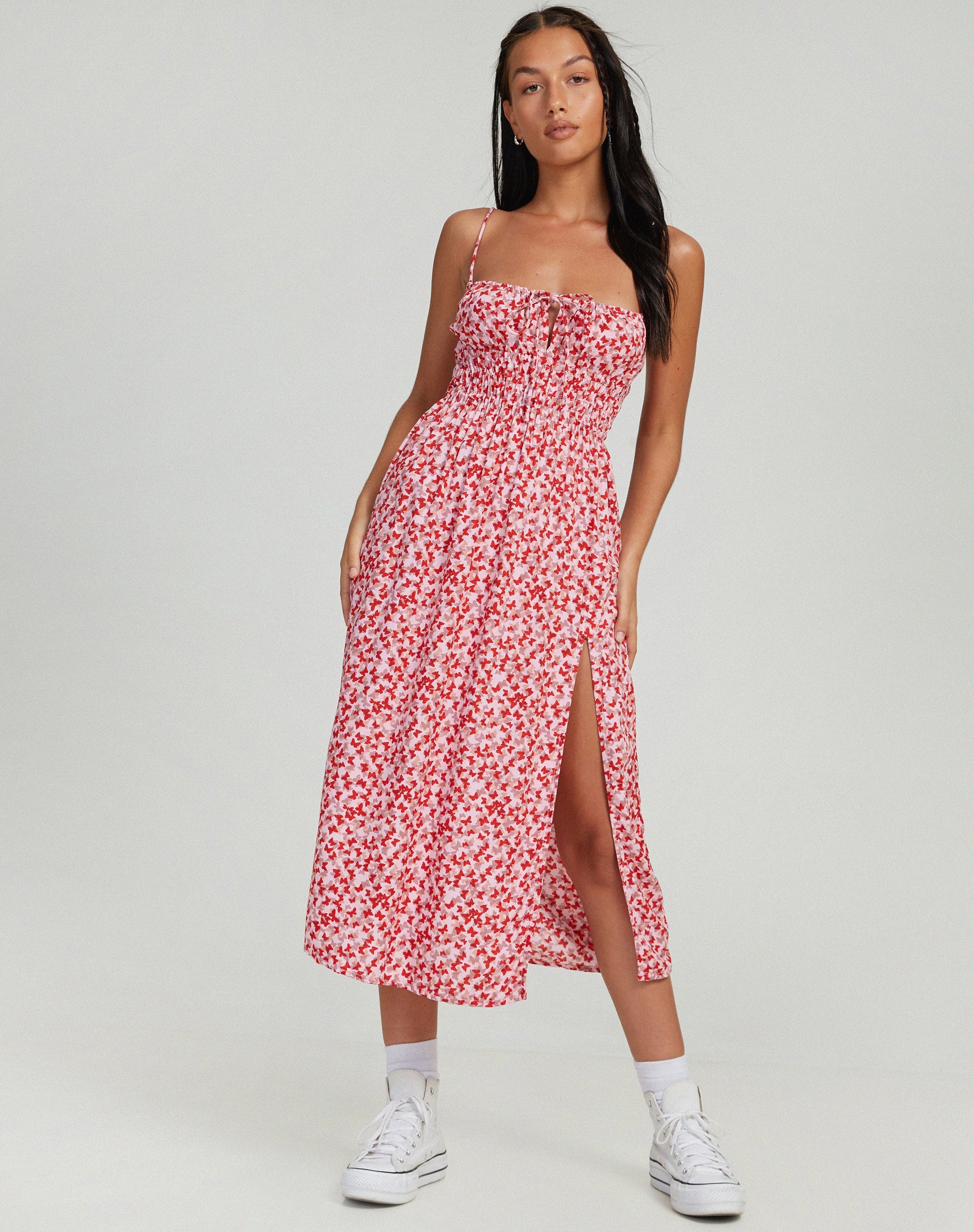 immagine di Jeyro Midi Dress in Ditsy Butterfly Pesca e Rosso