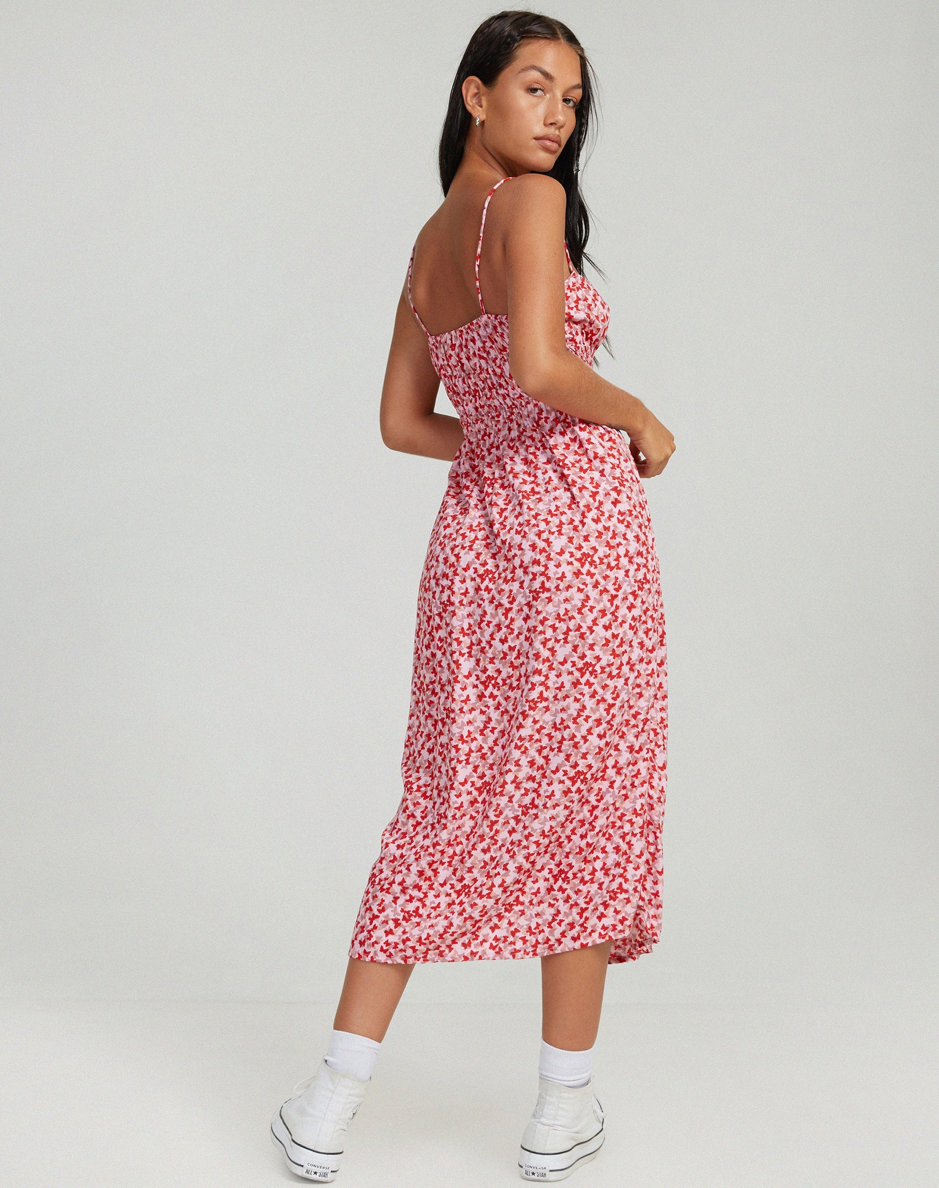 immagine di Jeyro Midi Dress in Ditsy Butterfly Pesca e Rosso