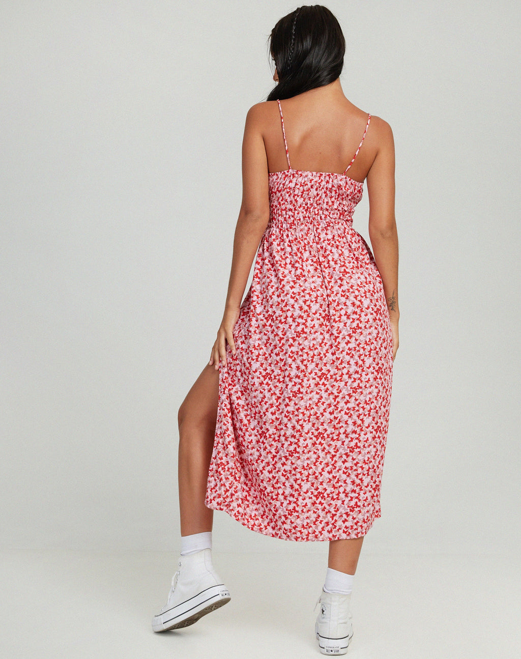 Jeyro - Vestito midi con farfalla ditsy color pesca e rosso