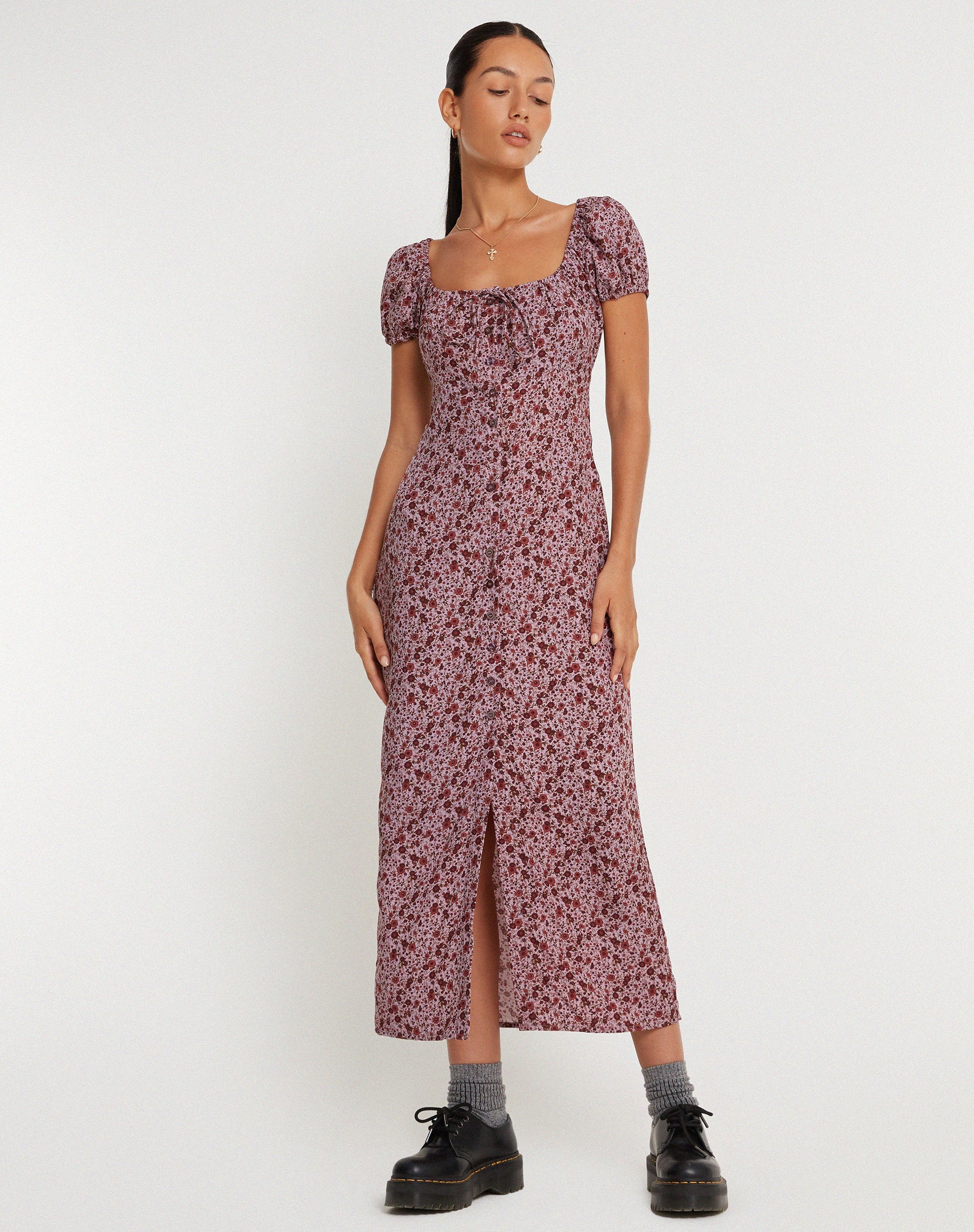 IMMAGINE DI Larson Vestito midi in borgogna floreale anni '90