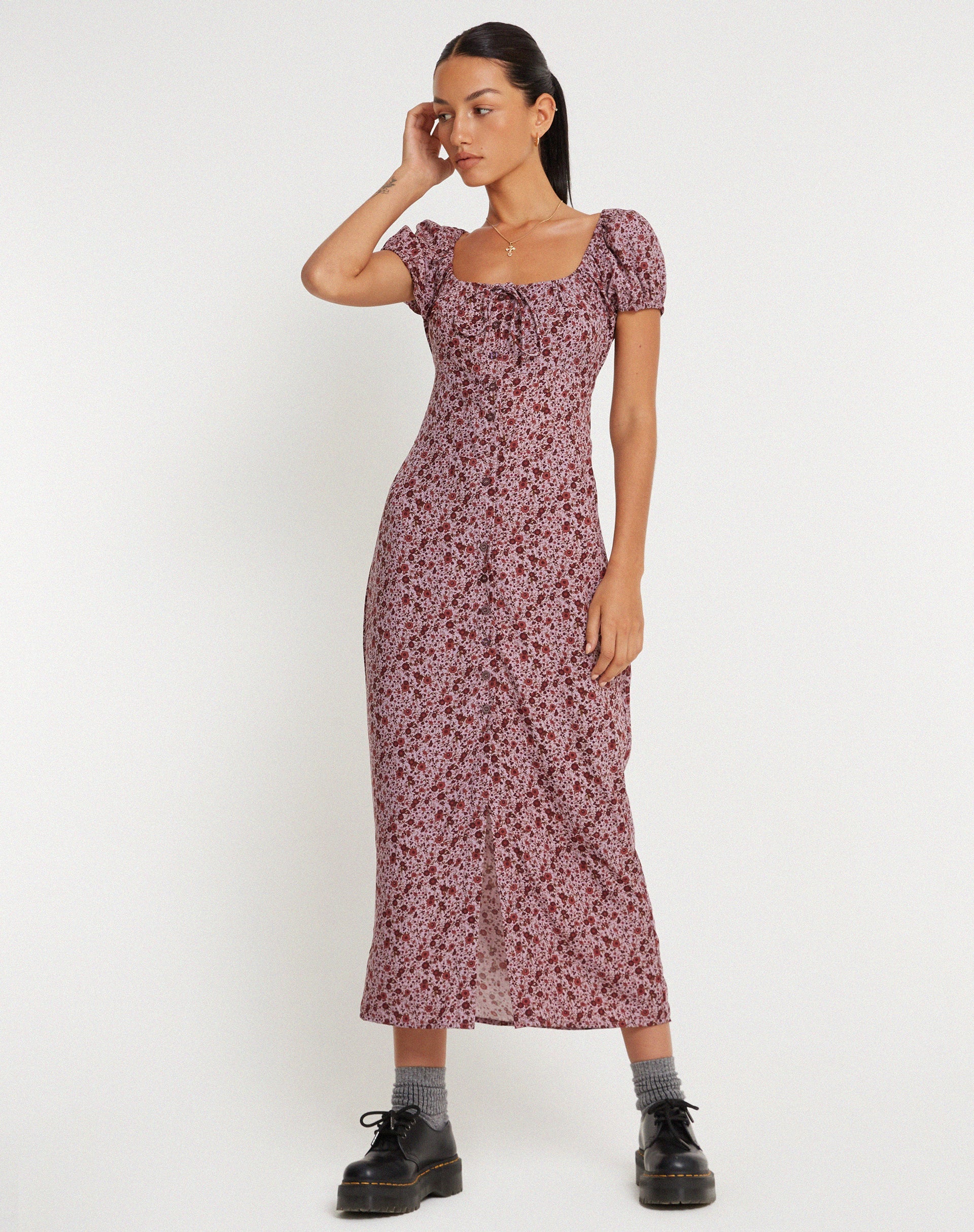 IMMAGINE DI Larson Vestito midi in borgogna floreale anni '90