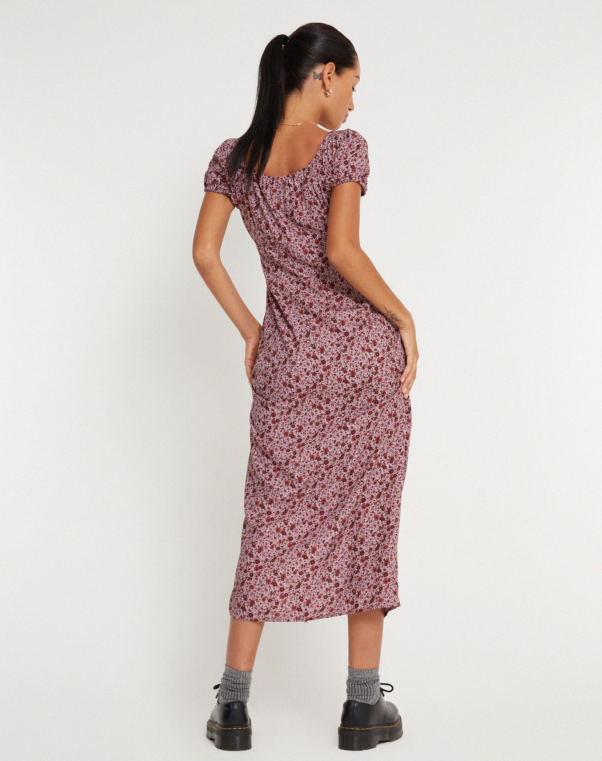 IMMAGINE DI Larson Vestito midi in borgogna floreale anni '90