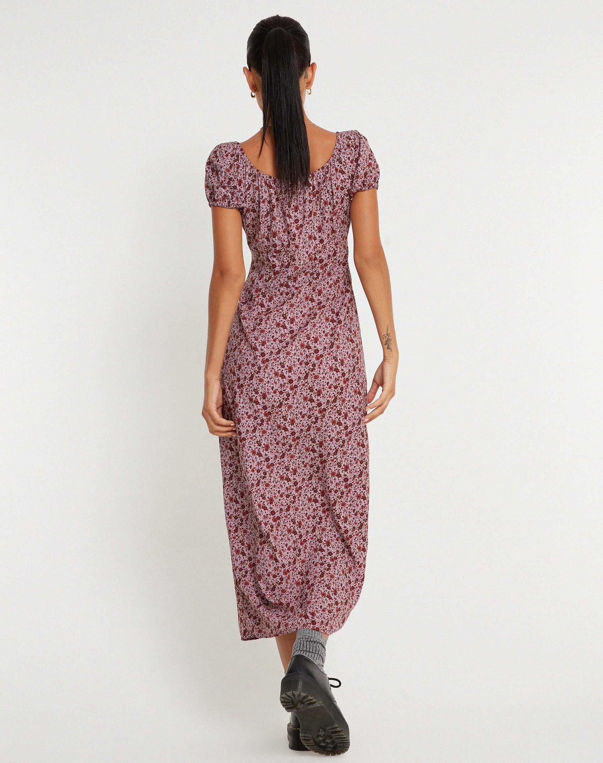 IMMAGINE DI Larson Vestito midi in borgogna floreale anni '90
