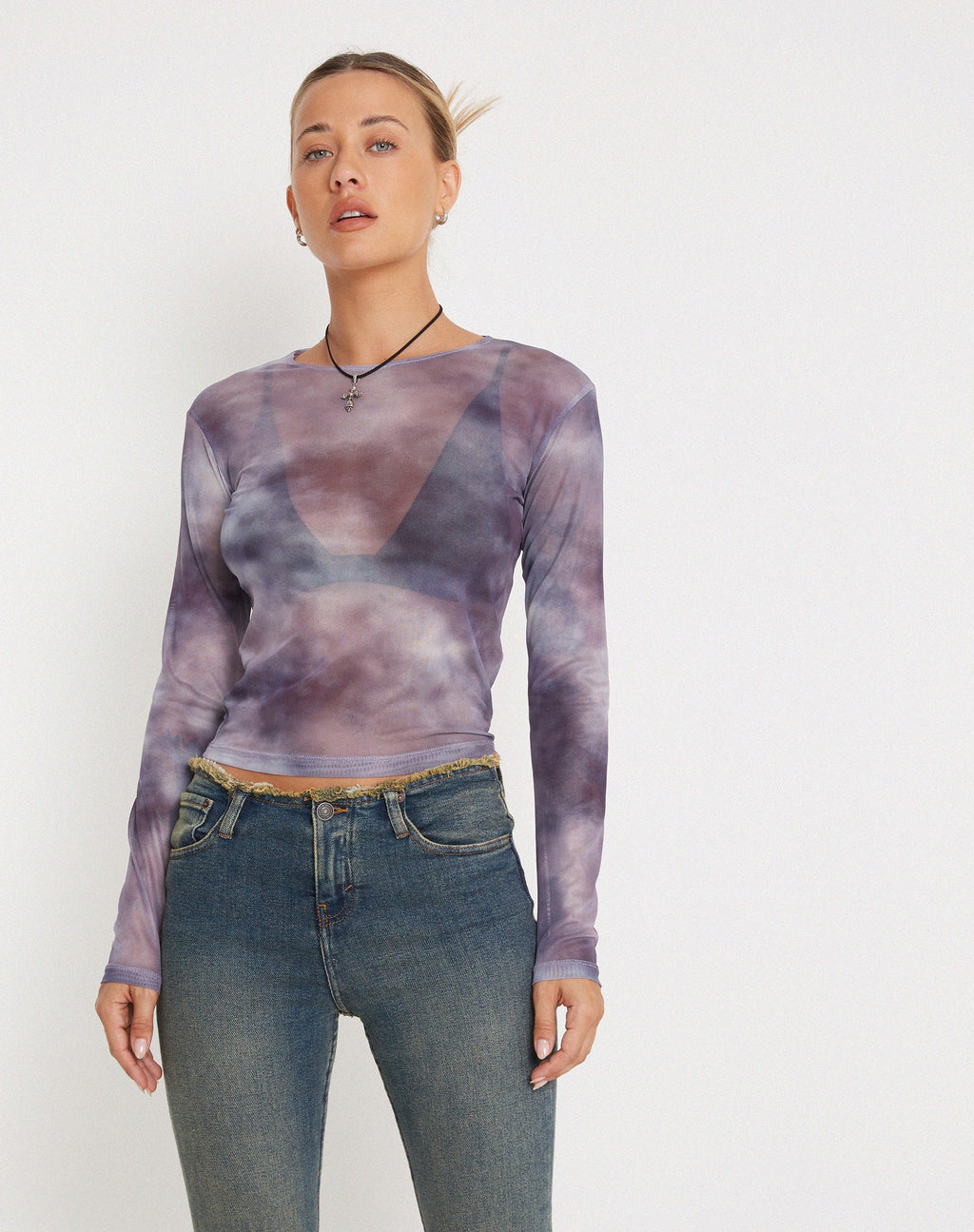 Narita Crop Top a maniche lunghe in rete con sfumature fumé viola