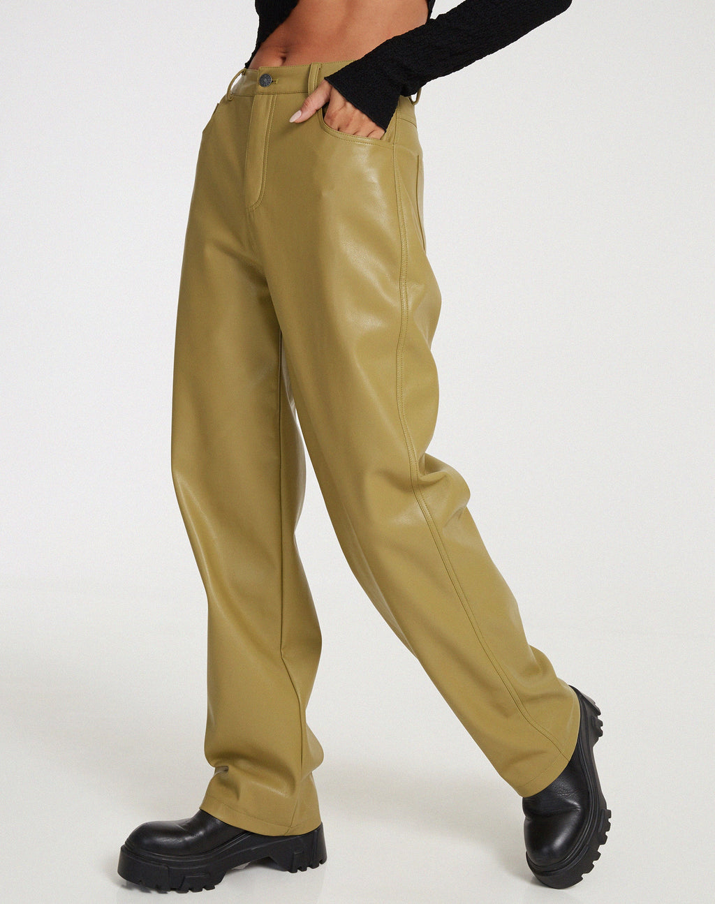 Pantaloni paralleli in PU verde foglia