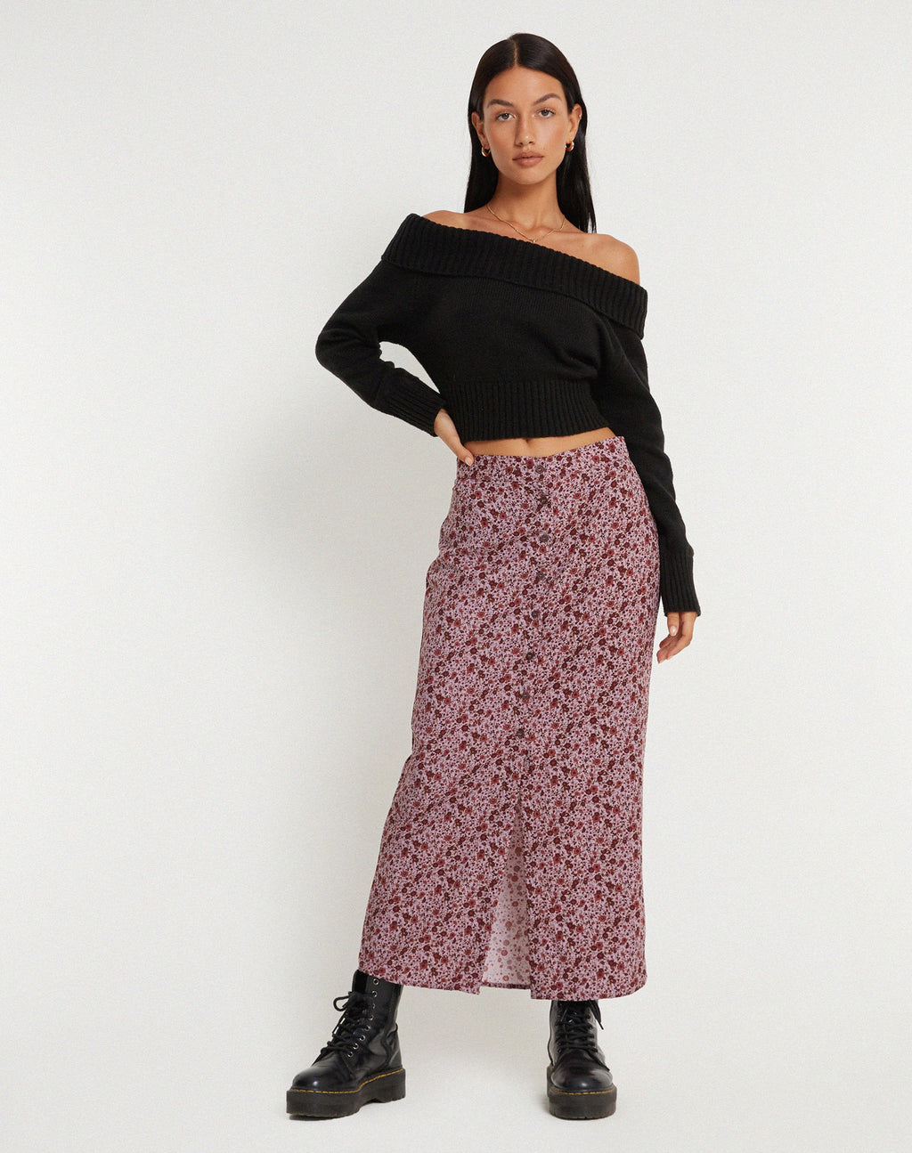 Maxi gonna Relow in borgogna floreale anni '90