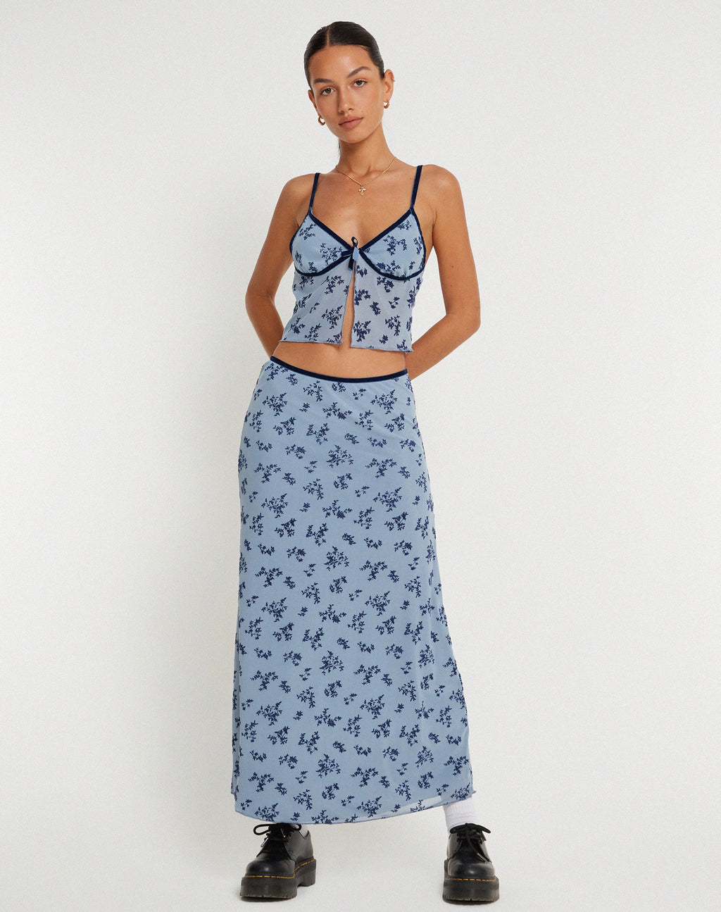 Maxi gonna Rinzi in floccato botanico blu chiaro e nero